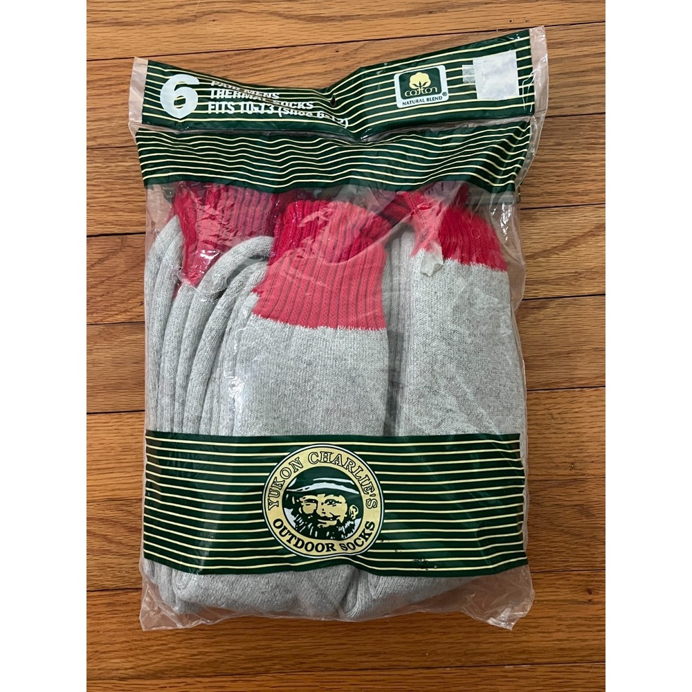 Yukon Charlie's Mens Thermal Outdoor Socks 6 Pack Gray Red Cotton Blend USA Made